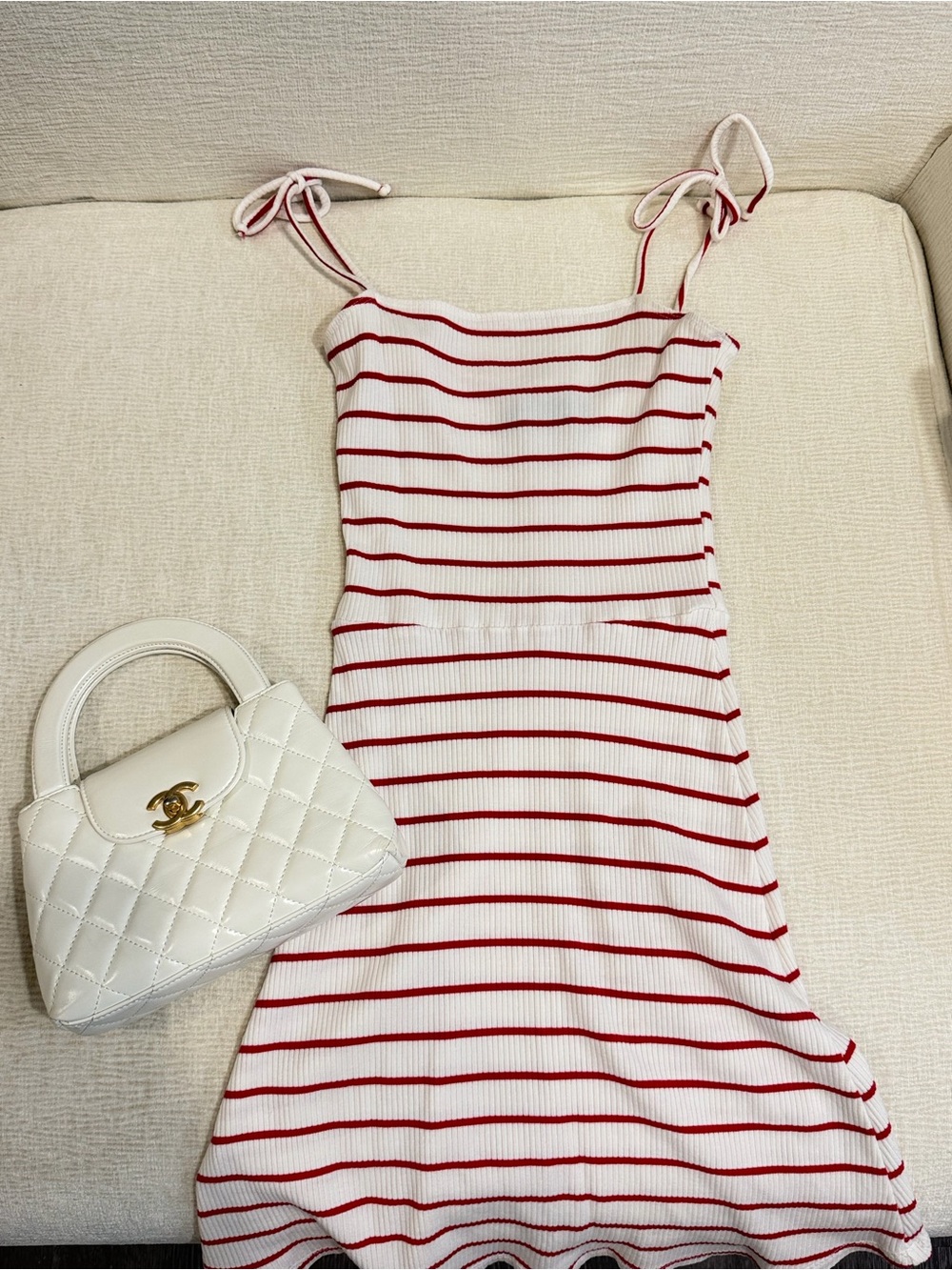 Reformation Striped Mini Dress in White & Red